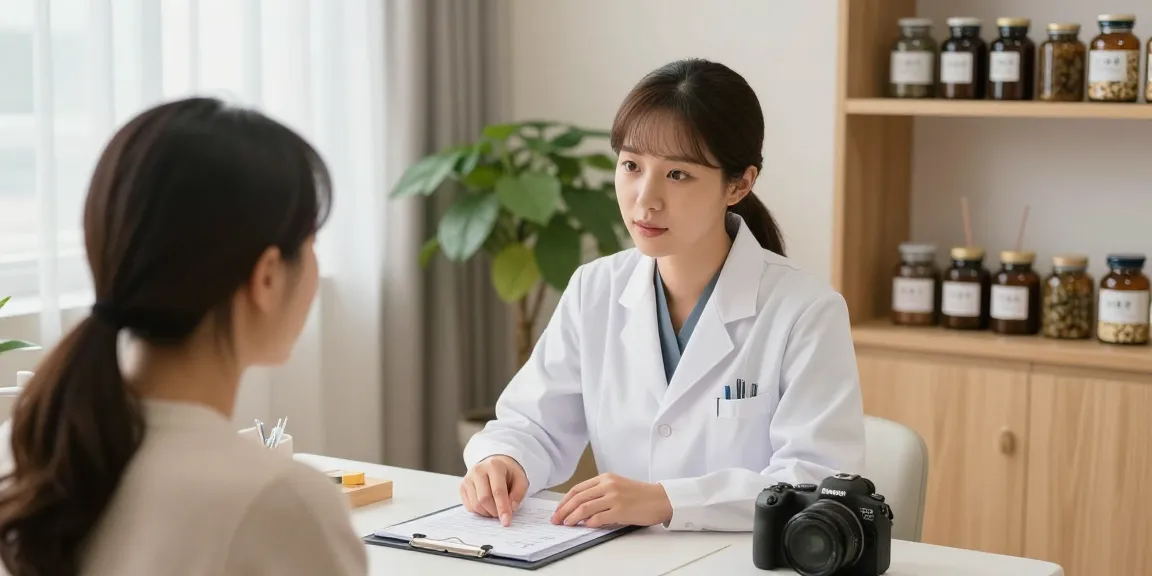 Consultation at a 수원한의원 with a physician discussing a treatment plan amidst calming clinic decor.