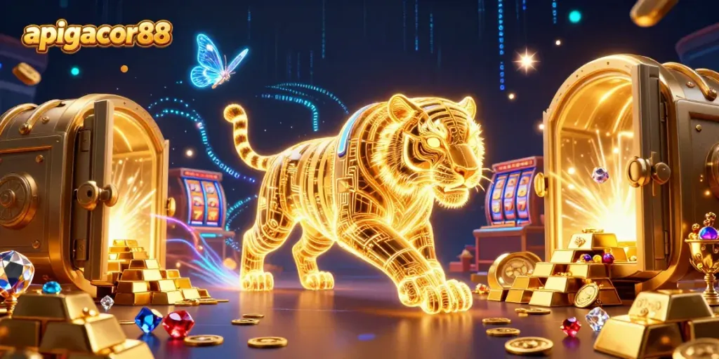 Experience thrilling gameplay with apigacor88's captivating 3D illustration, showcasing exciting slot elements and dynamic treasures.