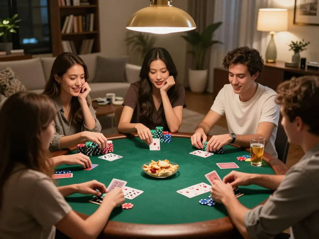 Friends enjoying a poker game at home with qq88 link mới at the center of the table, vibrant scene