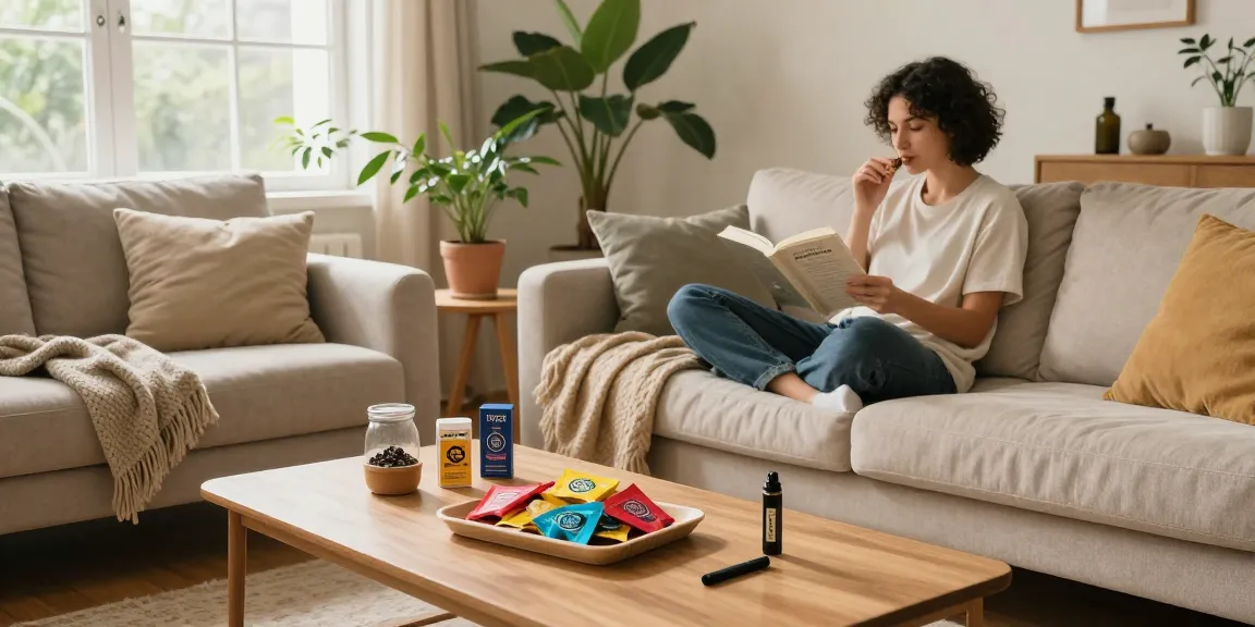 Natural wellness moment featuring proper loud THC edibles and vape pen in a serene living room setup.