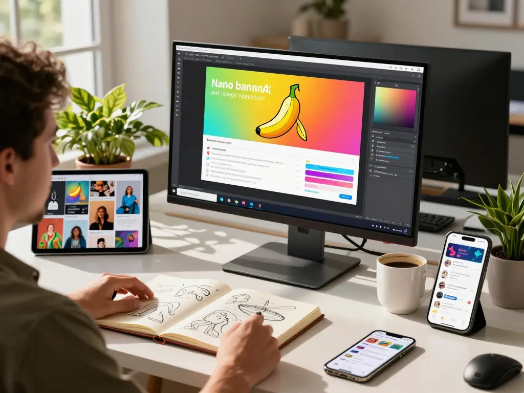 Creating artwork with Nano Banana AI in a modern creative workspace.