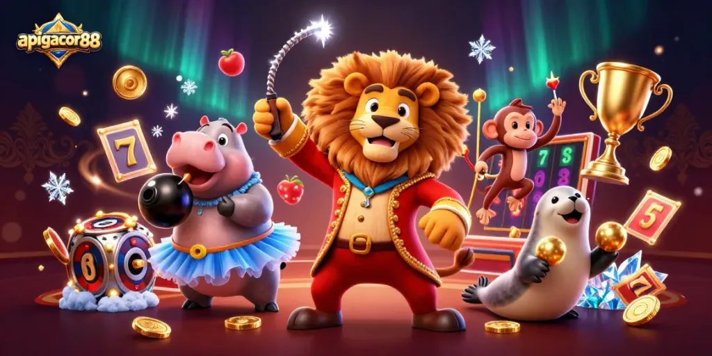 Experience excitement at apigacor88 with thrilling slots, animated characters, and casino elements.