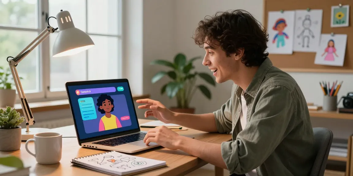 Engaging with Tavern AI, user interacts with vibrant AI characters in a creative home workspace.