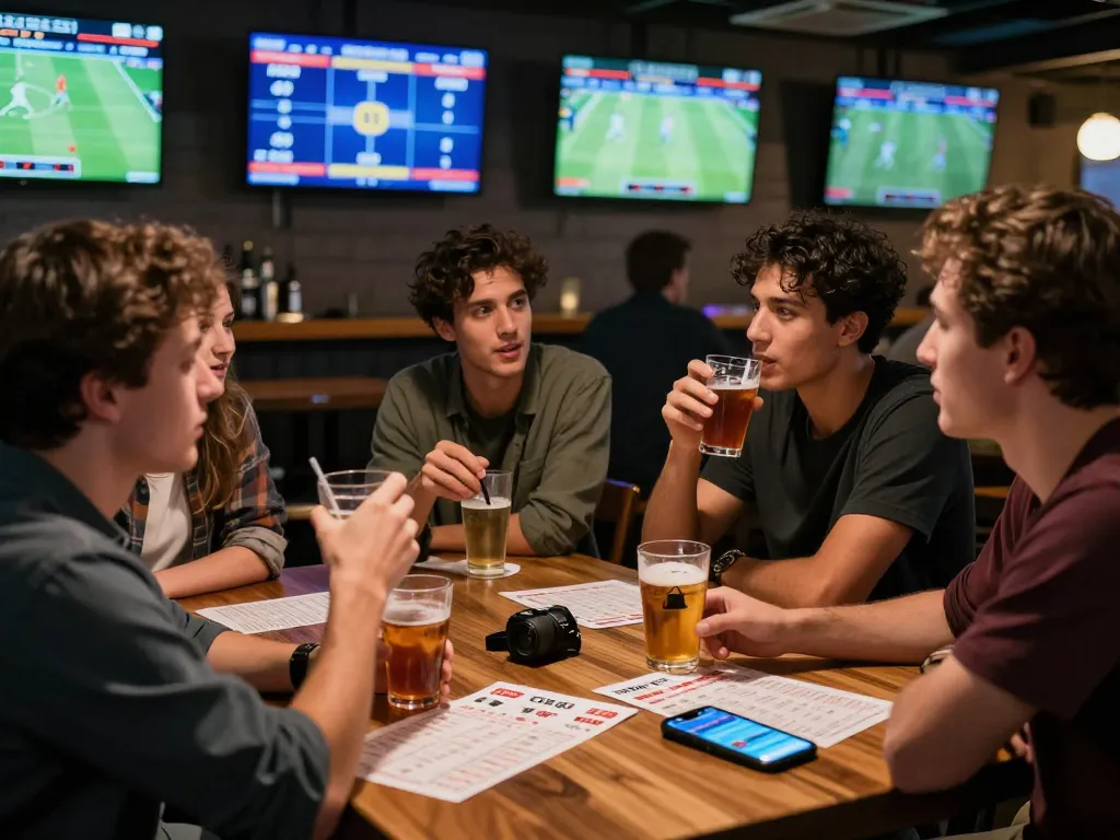 Engaged friends using the RR88 app for sports betting at a lively bar.
