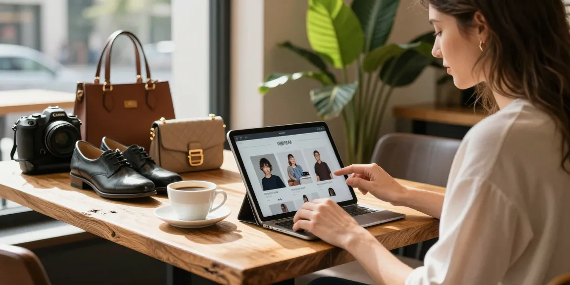 Shopping experience at a 레플리카 쇼핑몰 with tablet, coffee, and stylish display items in urban café.