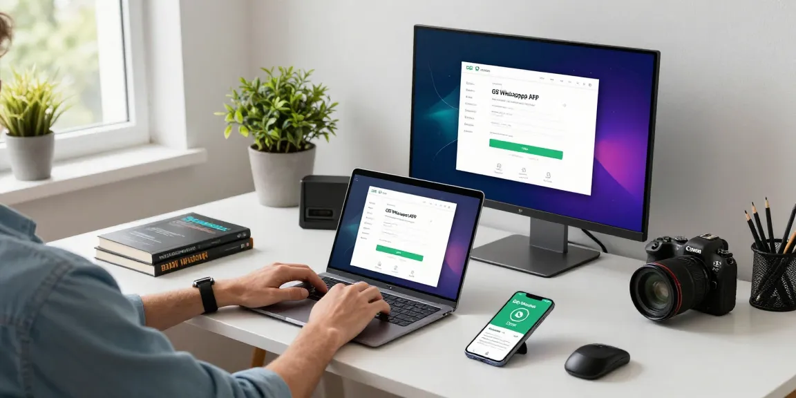 Installing GB WhatsApp APK in a modern tech workspace filled with gadgets and natural light.