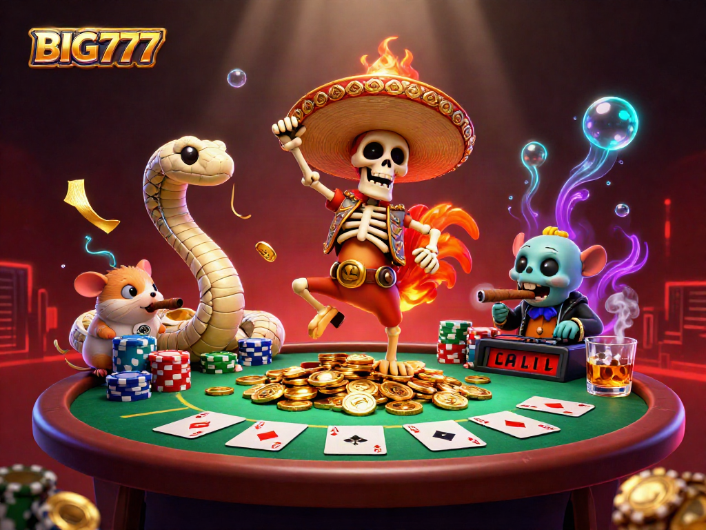 BIG777 showcases a 3D cartoon skeleton mariachi rooster celebrating on golden coins amidst vibrant poker elements.
