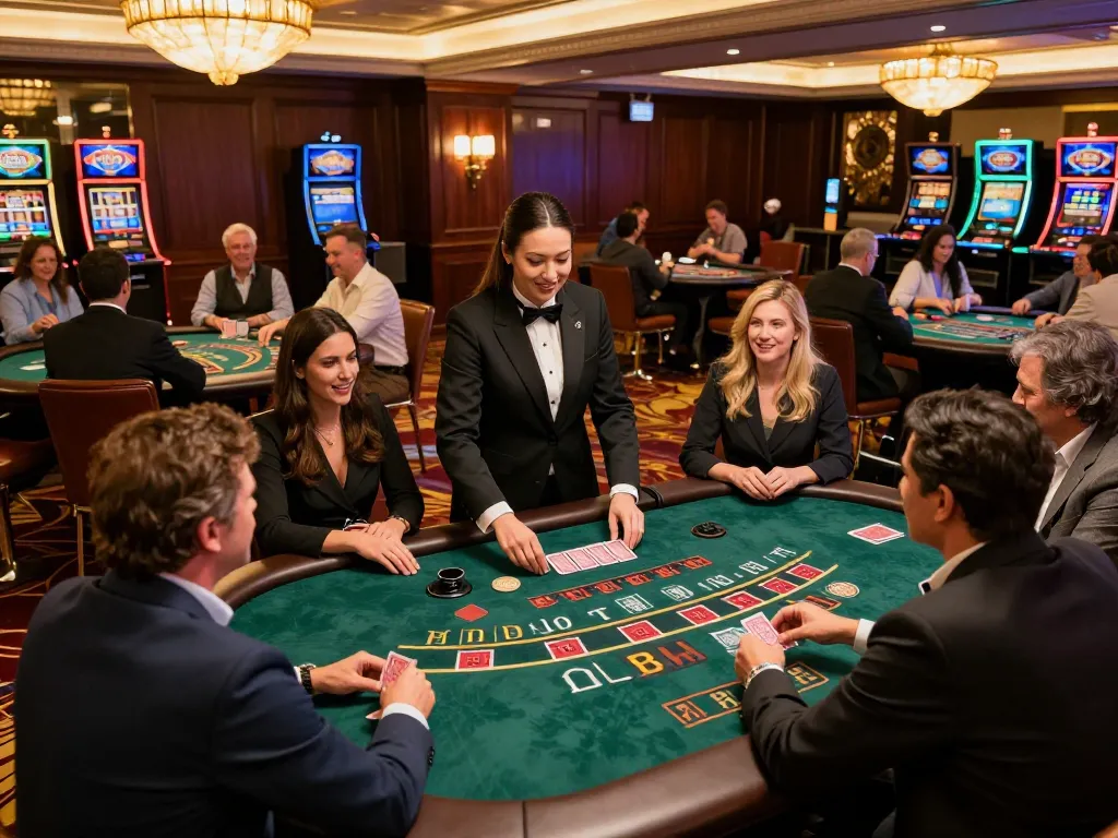 Players enjoying an exciting blackjack game at 789bet casino, showcasing strategic gameplay in a luxurious setting.