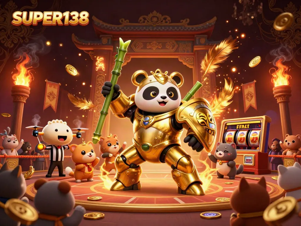 Experience thrilling gameplay at SUPER138 with a vibrant 3D casino scene featuring golden panda and slot reels.
