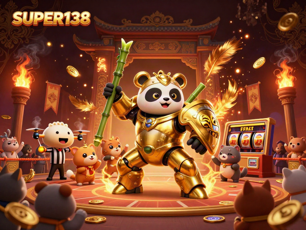 Experience thrilling gameplay at SUPER138 with a vibrant 3D casino scene featuring golden panda and slot reels.