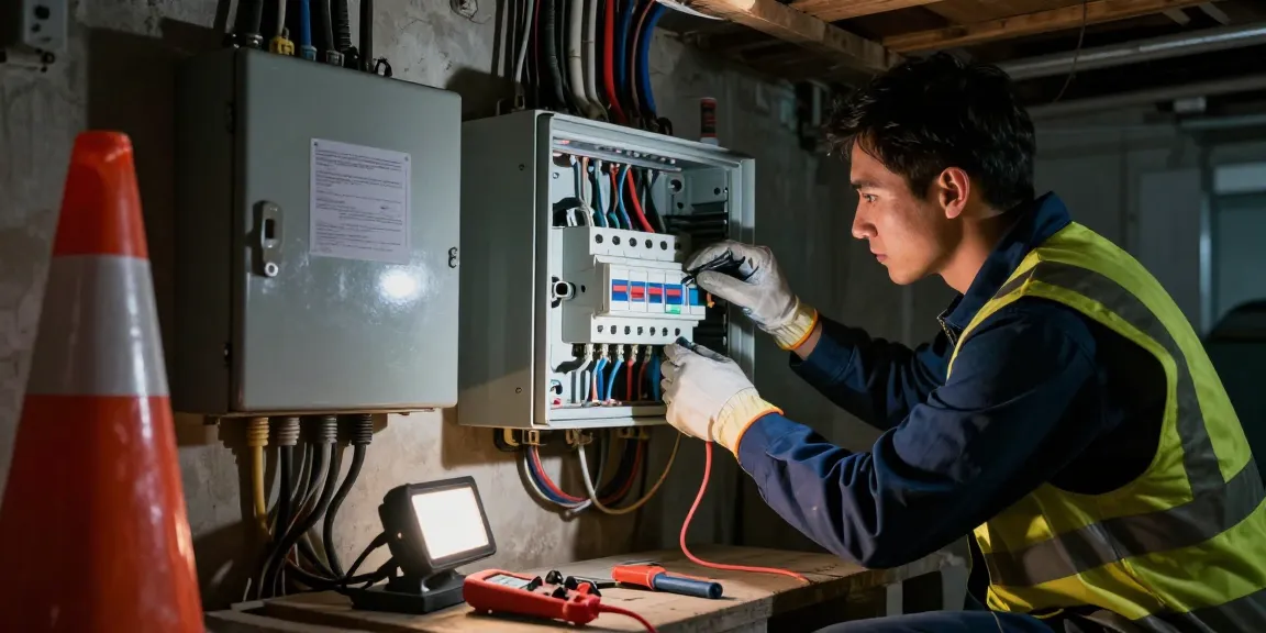 Emergency electrician at indigoboxersndanes.com fixing electrical panel during urgent safety situation.