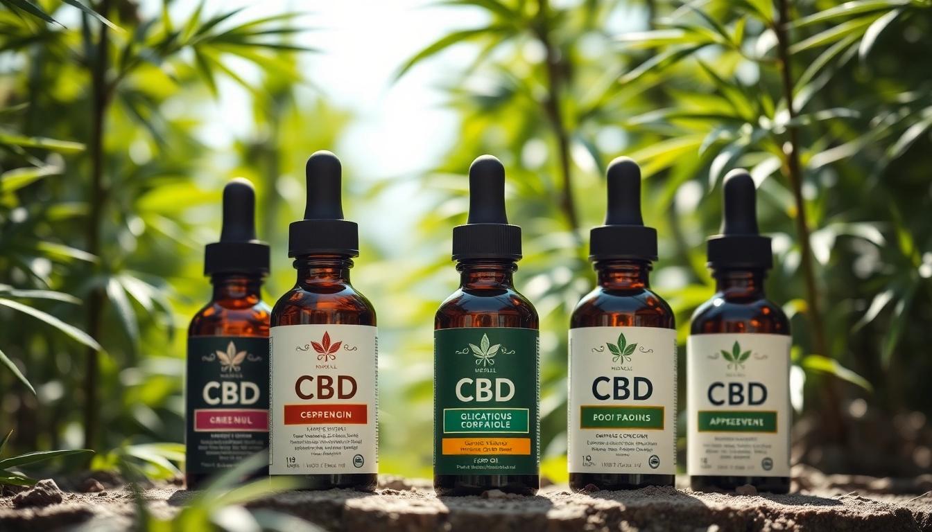Showcase of CBD Oil bottles highlighting natural ingredients and purity in a serene setting.