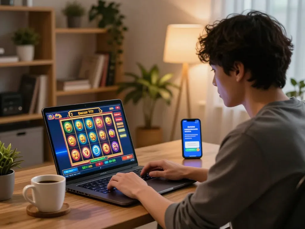 Engaged player enjoying slot gacor 777 in a cozy home gaming environment with laptop and coffee