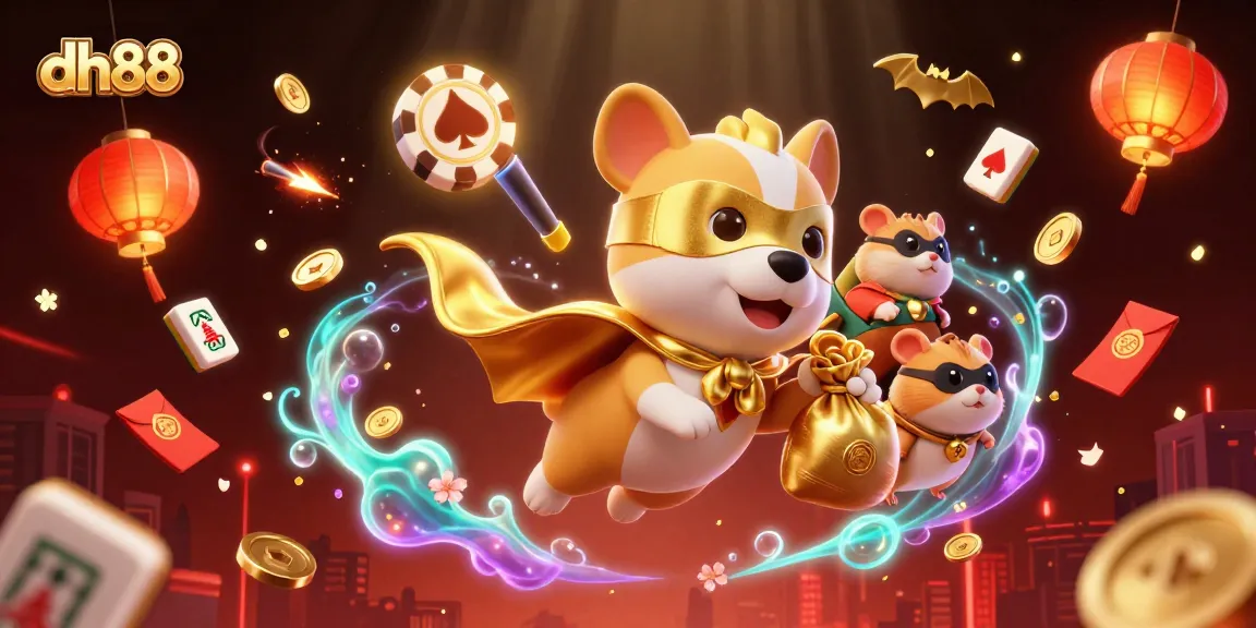 Experience thrilling wins at dh88 with a superhero dog and a hamster in a vibrant casino scene.