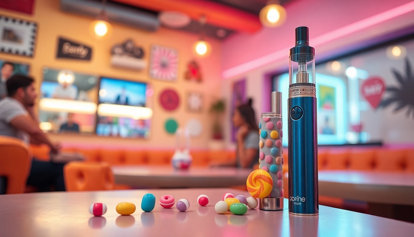 Engaging photo of a candy vape pen with vibrant design in an inviting setting.