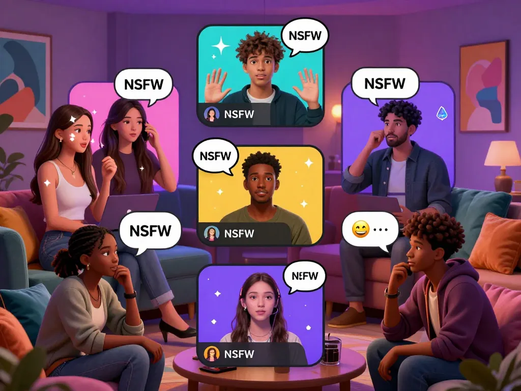 Engaging NSFW chat avatars interact in a lively virtual lounge setting, showcasing personality and digital animation.