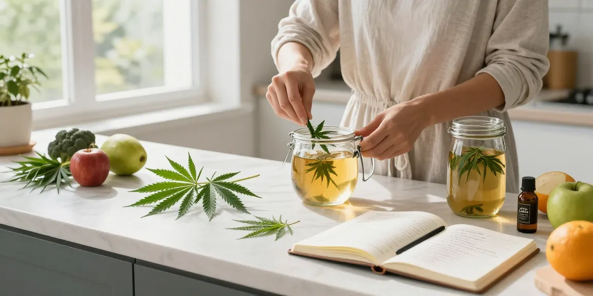 Ministry of Cannabis CBD oil and fresh hemp leaves in a bright kitchen wellness scene.