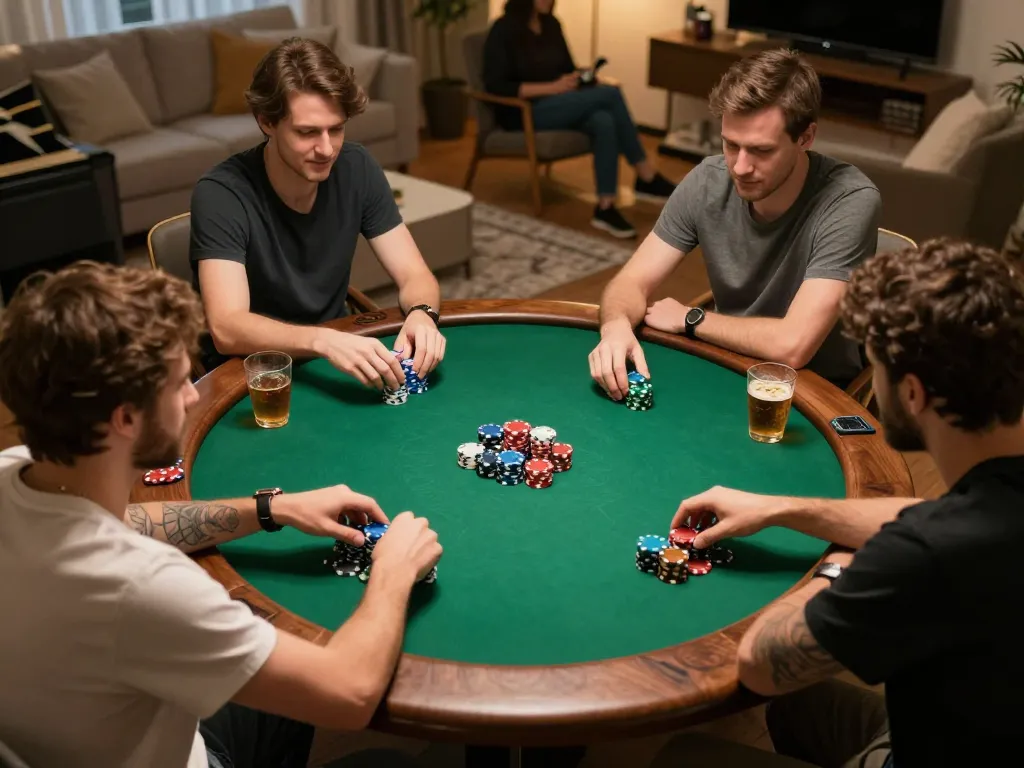 99win poker game night at home with players engaged and chips stacked on the table.