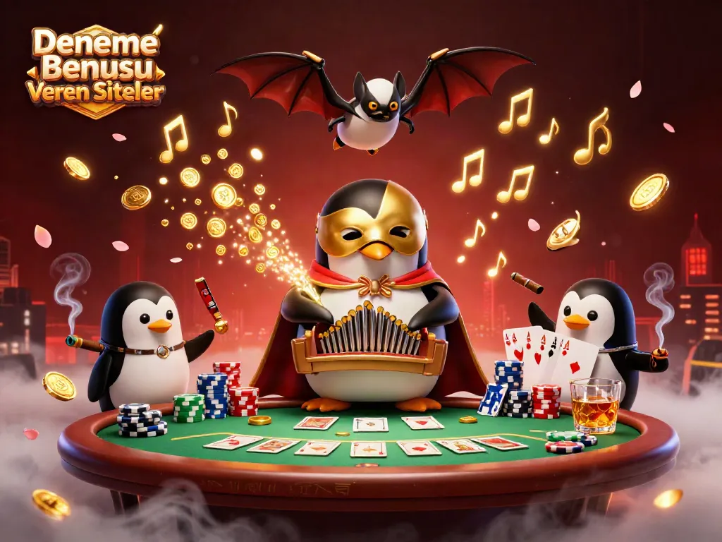 Experience the excitement of Deneme Bonusu Veren Siteler with a vibrant 3D casino illustration featuring a playful penguin at a poker table.