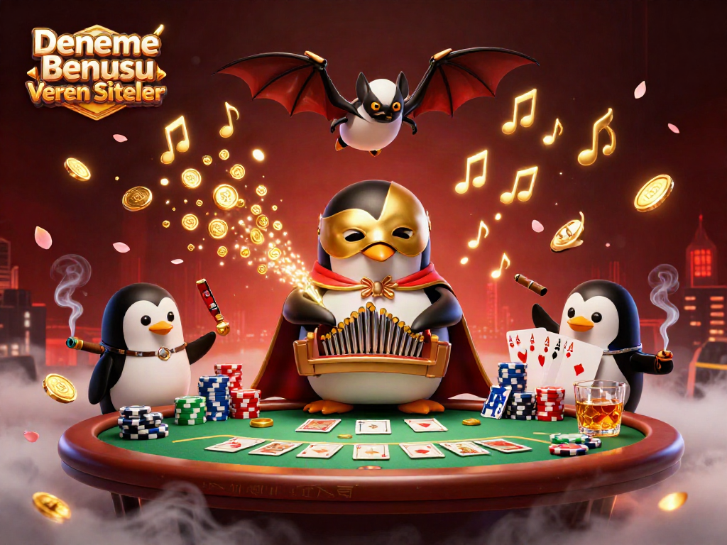 Experience the excitement of Deneme Bonusu Veren Siteler with a vibrant 3D casino illustration featuring a playful penguin at a poker table.