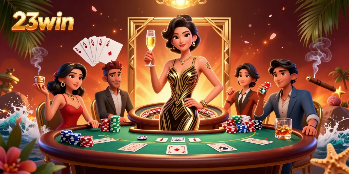 Experience thrilling gameplay at 23win with an elegant woman amidst vibrant casino elements.