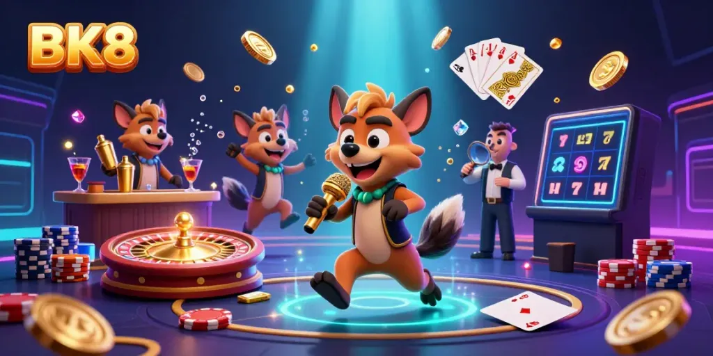 Experience the excitement of BK8 casino with animated hyenas as they mix drinks and share jokes, capturing the vibrant casino atmosphere.