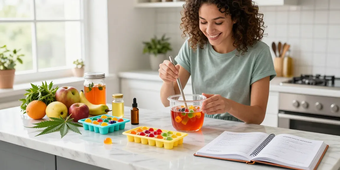 Edibles for sale showcased in a vibrant kitchen with CBD oil and fresh ingredients, highlighting wellness and creativity.