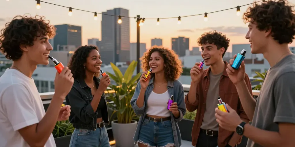 Group of friends enjoying Hitz infinity Gen 7 vapes on a rooftop with city skyline at dusk.