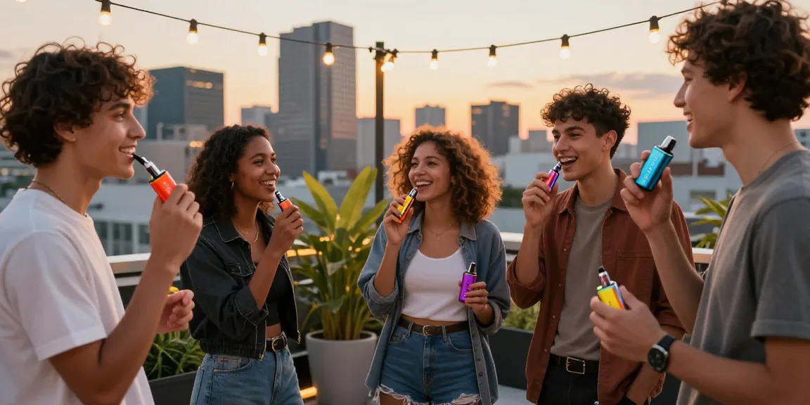 Group of friends enjoying Hitz infinity Gen 7 vapes on a rooftop with city skyline at dusk.