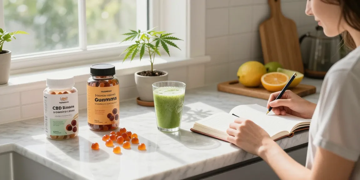CBD Gummies from Hempworx in a sunlit kitchen scene with wellness products for a natural morning routine.