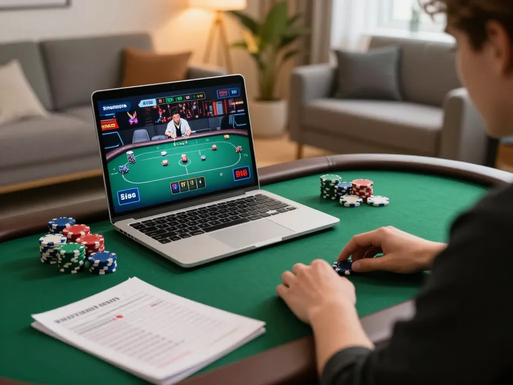 Engaging in online poker at trang chủ sc88 with chips and strategy notes, showcasing a strategic gaming experience.