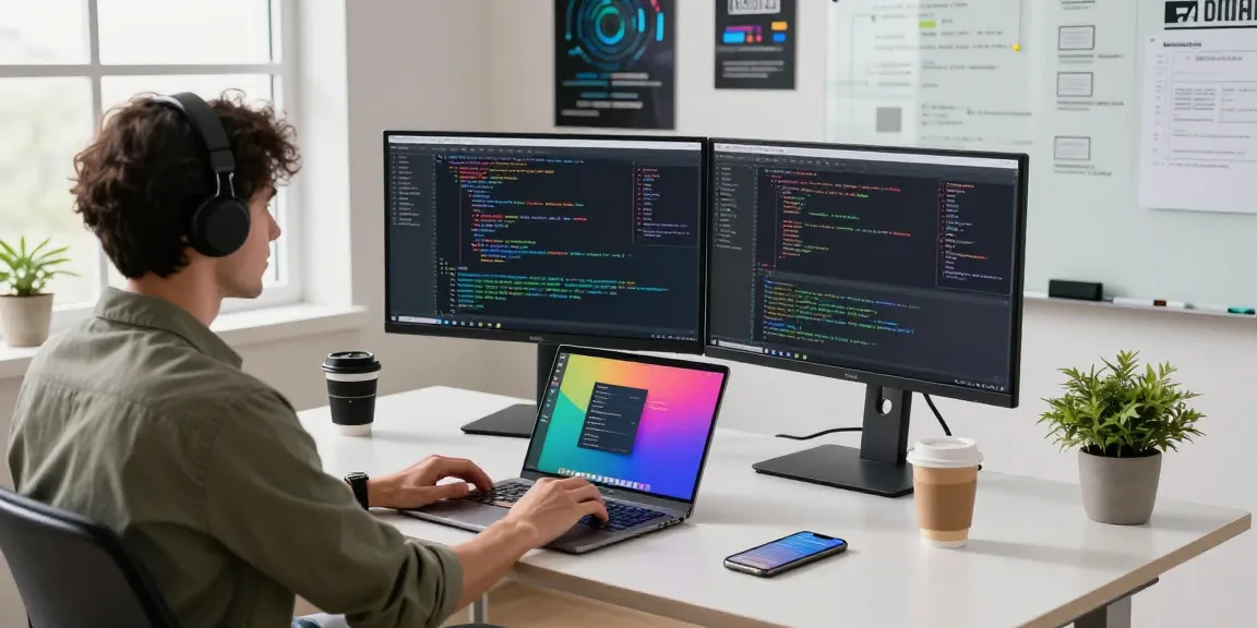 KoboldAI workspace with developer coding on dual monitors in modern tech environment.