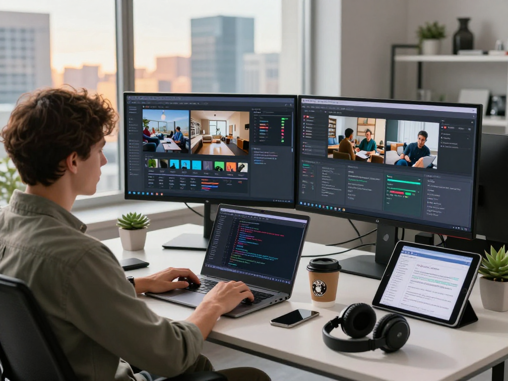 Technician using an ai image detector in a modern workspace analyzing images and videos.