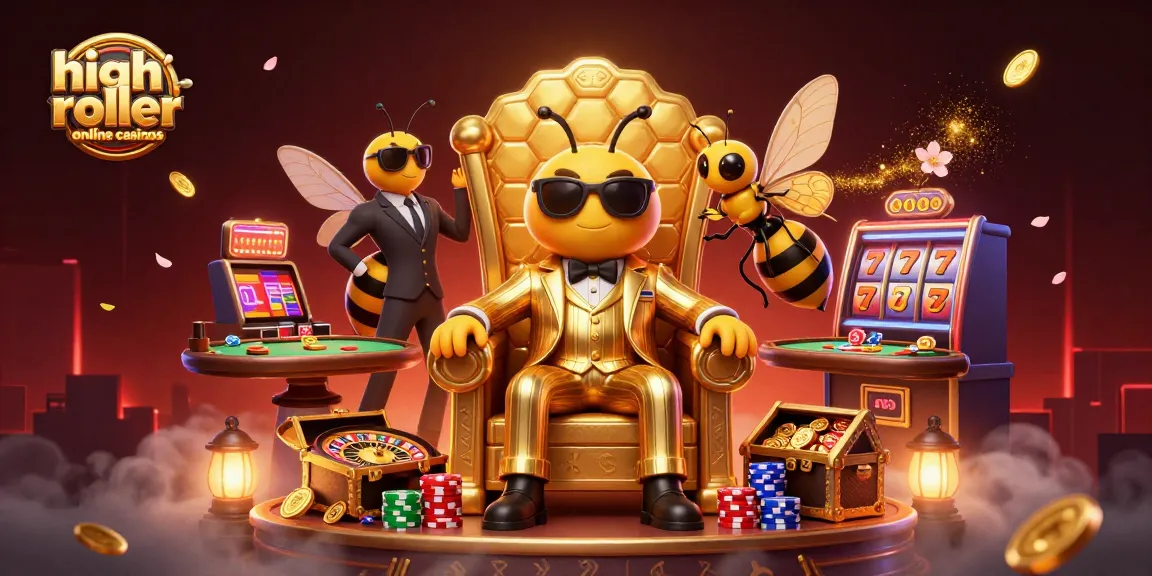 Engage with high roller online casinos in a vibrant 3D scene featuring casino games and characters.