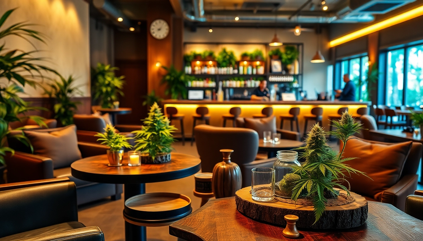 Relax in a modern cannabis club lounge with elegant décor and lush plants.
