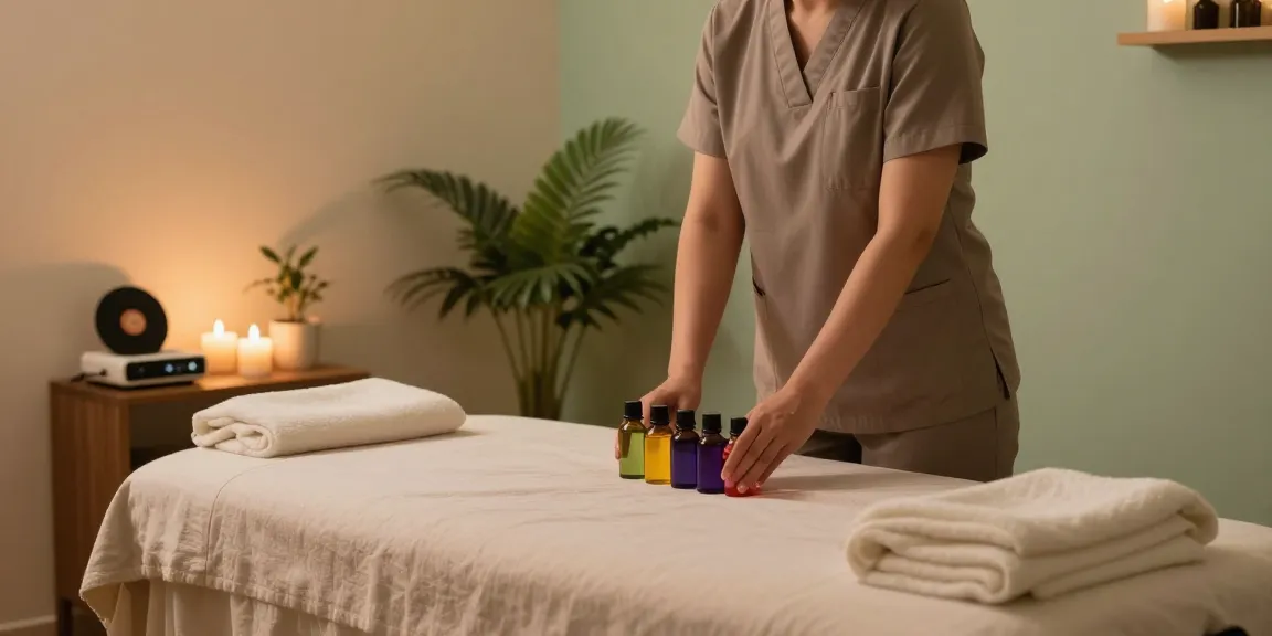 Tranquil 1인샵 massage therapy setup with essential oils and soft lighting.