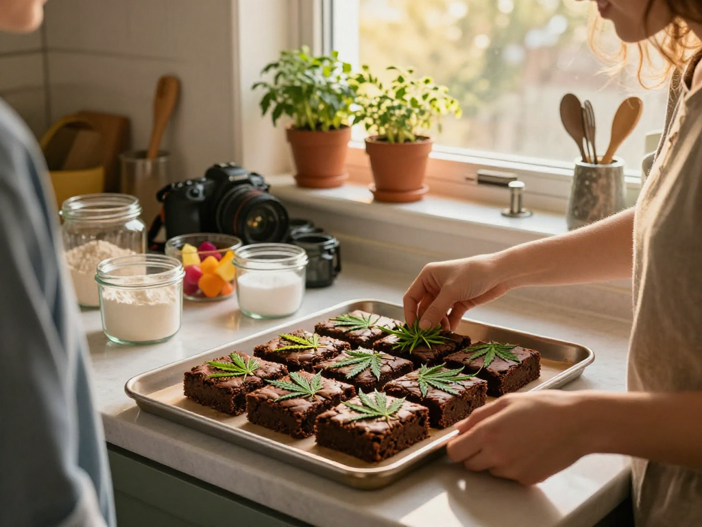 Buy Weed Edibles Online Europe showcased in a cozy kitchen scene with vibrant cannabis ingredients.
