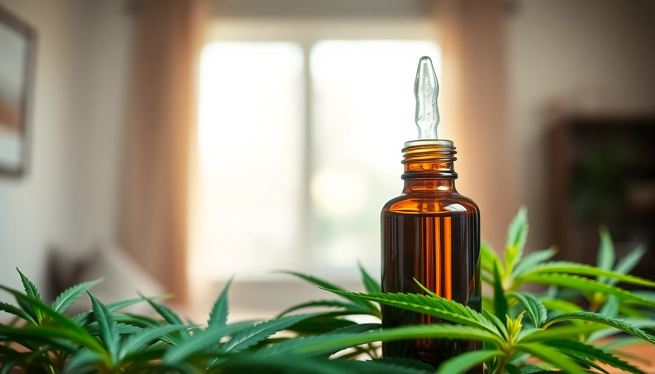 Explore CBD benefits with an elegant bottle and natural hemp leaves.