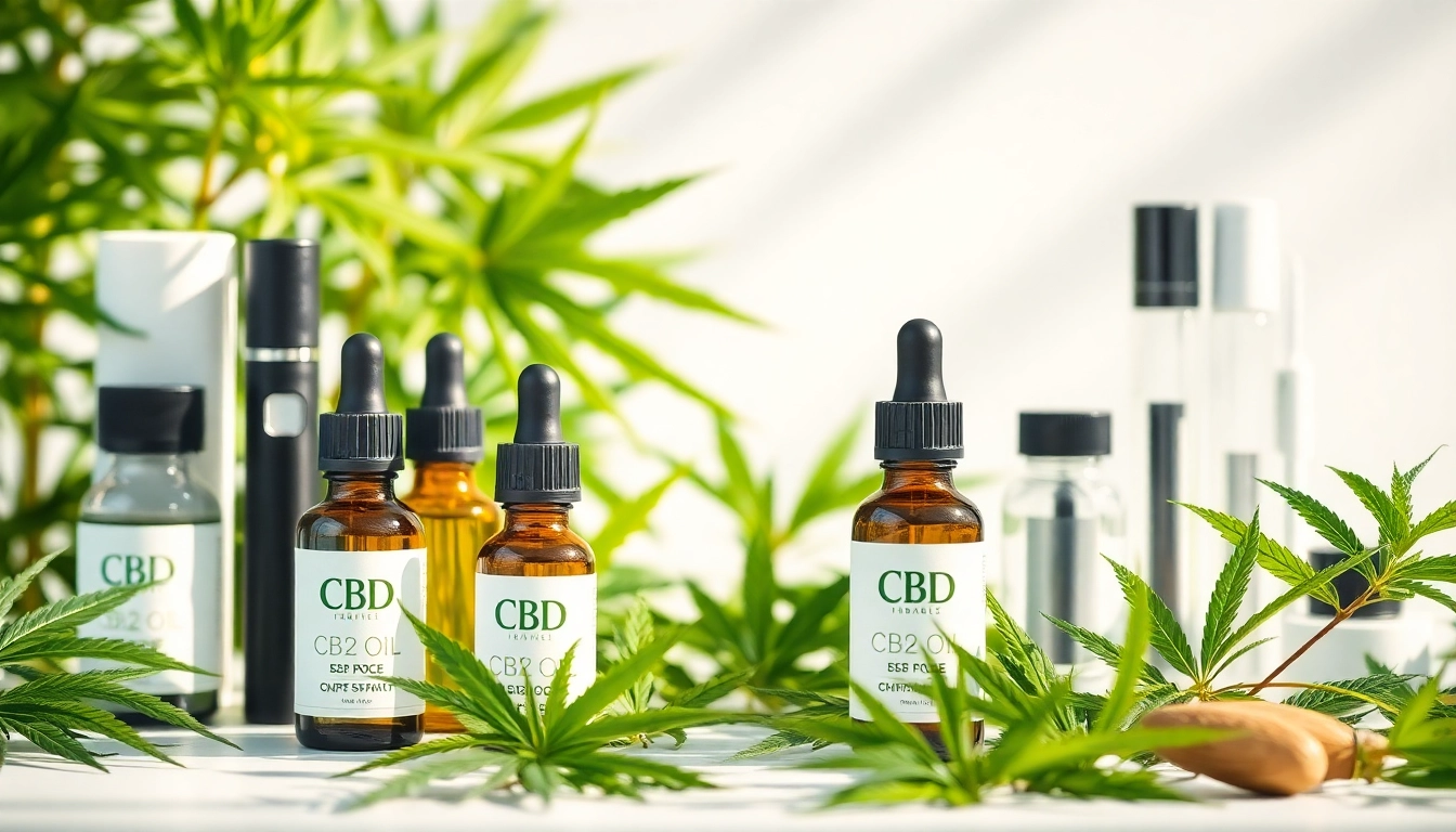 Premium CBD-olja produkter visade i en naturlig välmående-miljö med hampaplantor, ekologisk förpackning och laboratorietestad kvalitet.