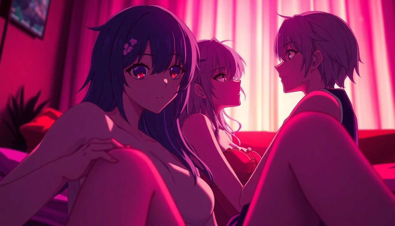 Anime sex scene featuring vibrant characters in an intimate, inviting setting.