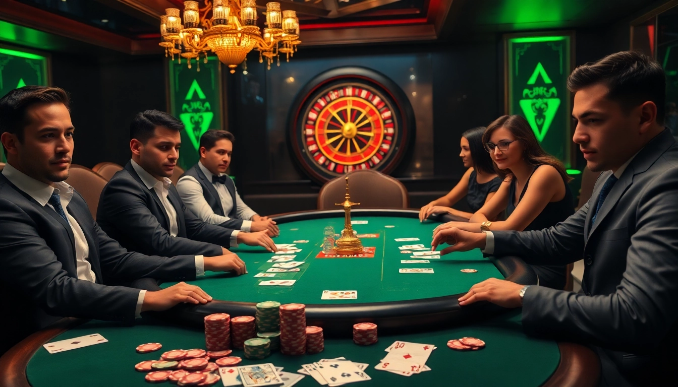 Players engaged at a high-stakes poker table on https://xx88.day/ showing vibrant chips and cards in action.