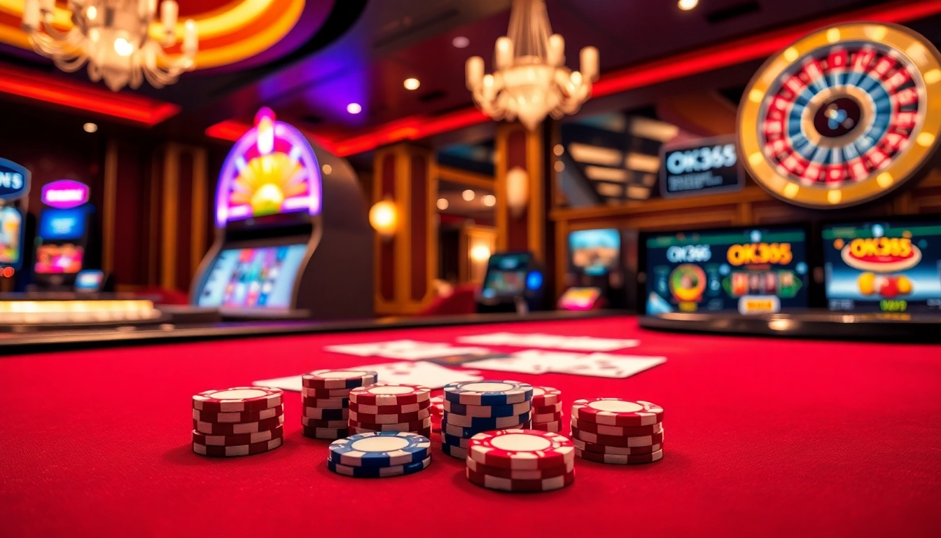 Experience the excitement at OK365 with a vibrant casino scene featuring poker and slot machines.