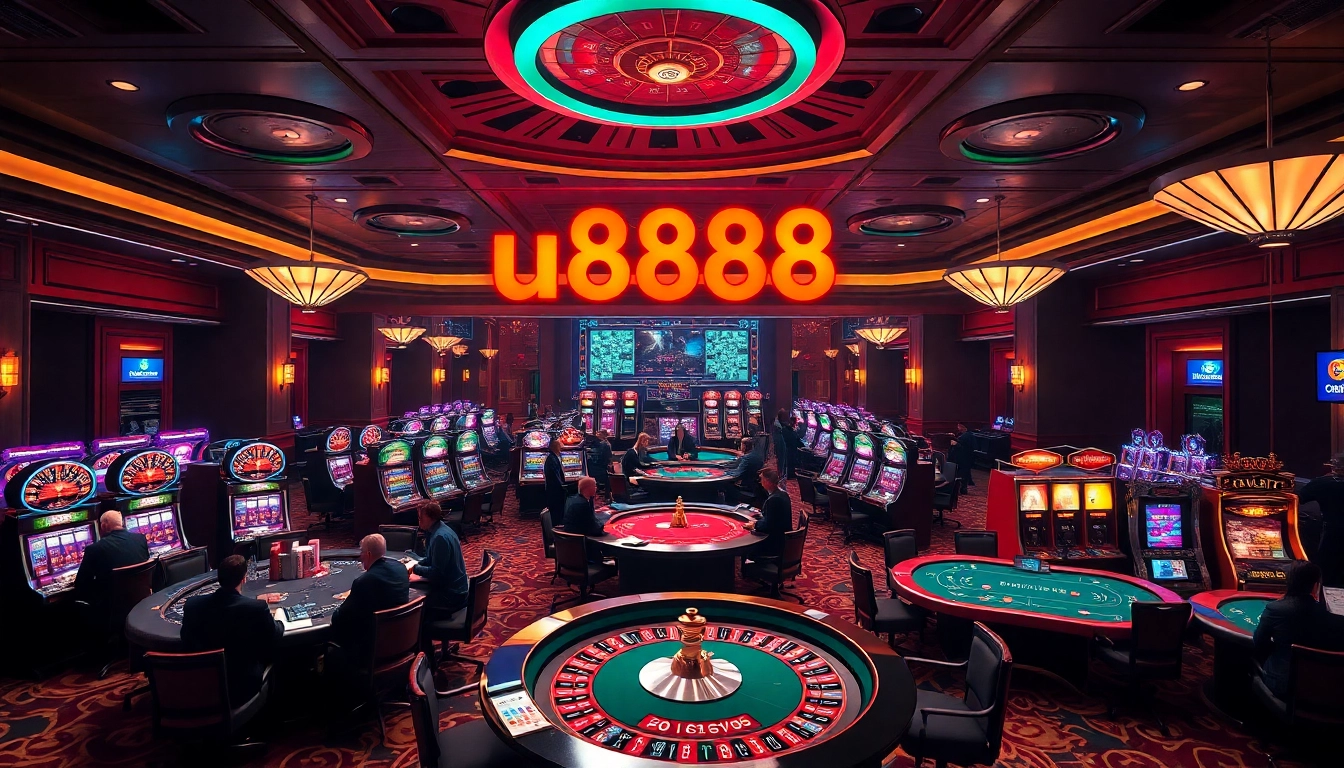 Experience the excitement of u888 with players engaging in high-stakes games amid a luxurious casino atmosphere.