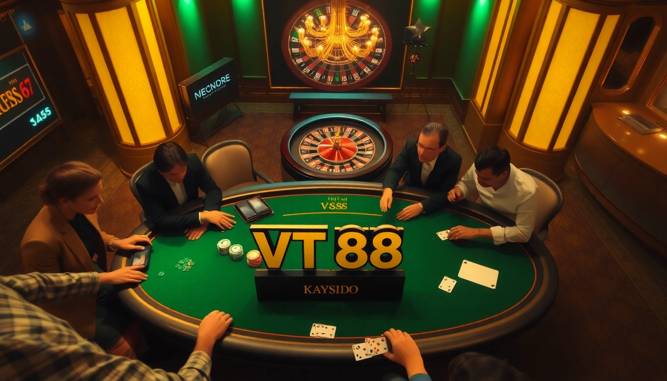 Engaged players at a poker table in a luxurious casino scene featuring VT 88 branding.