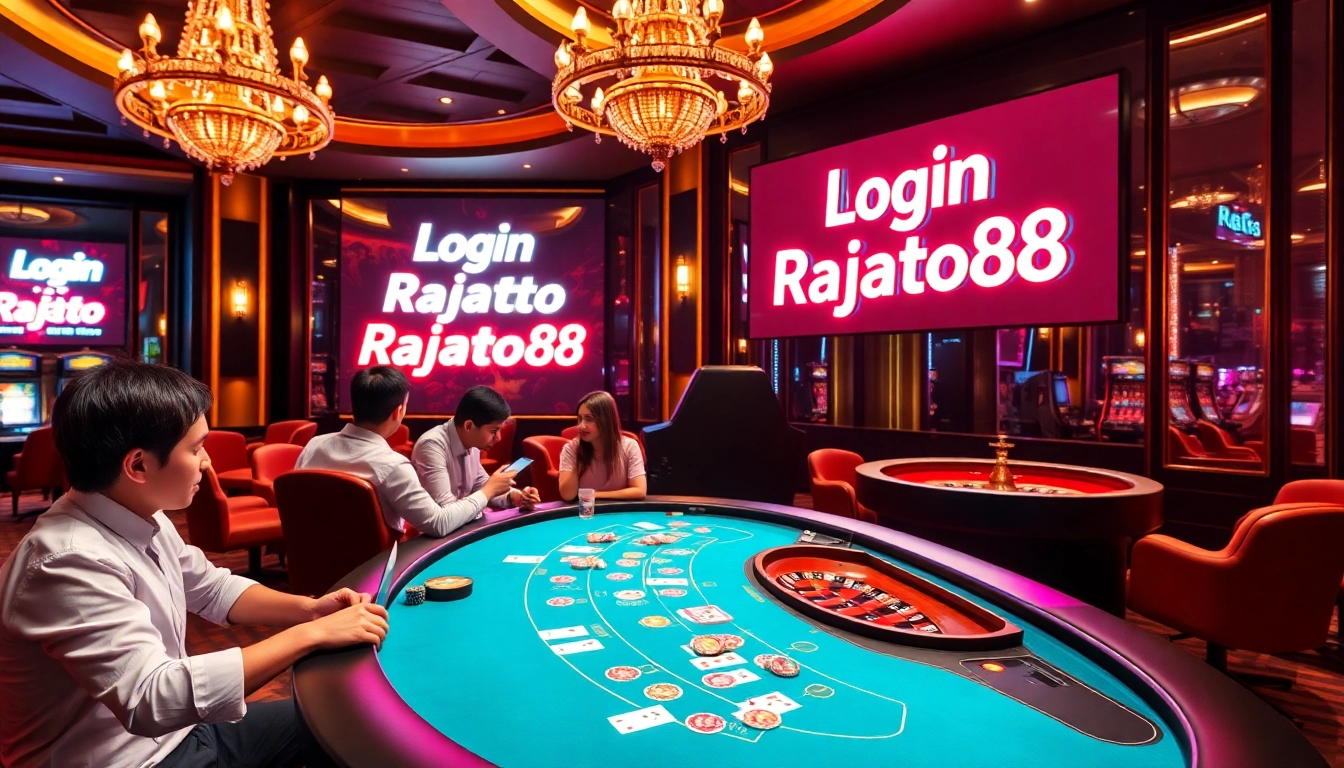 Experience the thrill of login rajatoto88 with vibrant gaming tables and excited players in a luxurious casino setting.