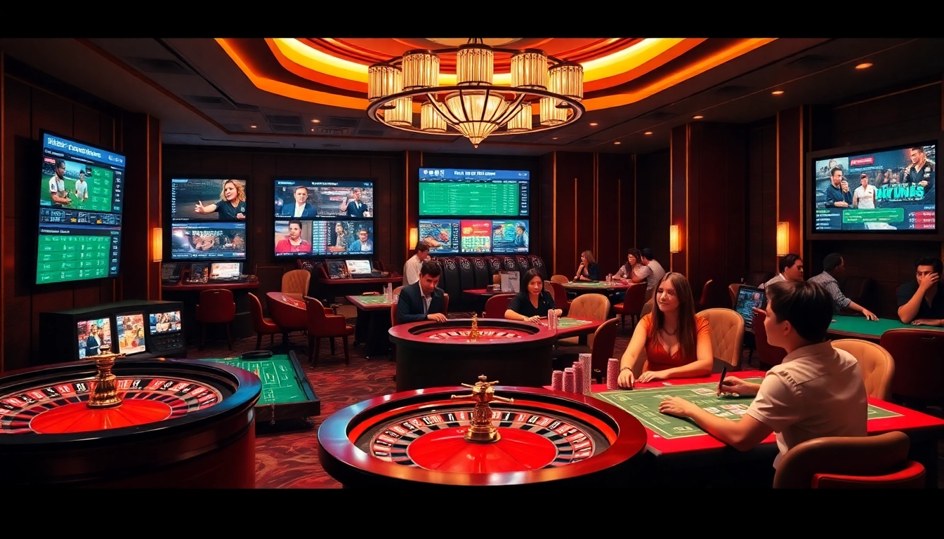 Experience sbobet login terbaru through a vibrant online betting scene featuring casino elements like poker chips and a roulette wheel.