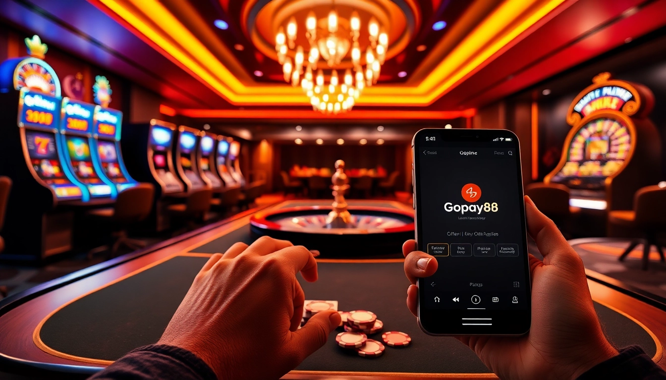 Experience the thrill of Gopay88 with vibrant gaming visuals, showcasing poker tables and slots.