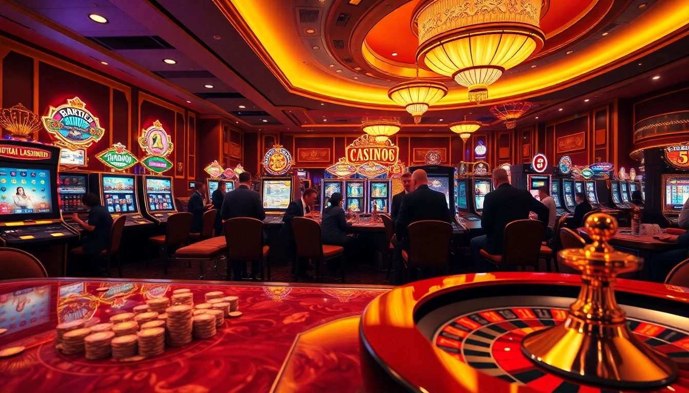 Excited players enjoying the latest idn slot machines in a luxurious casino environment.