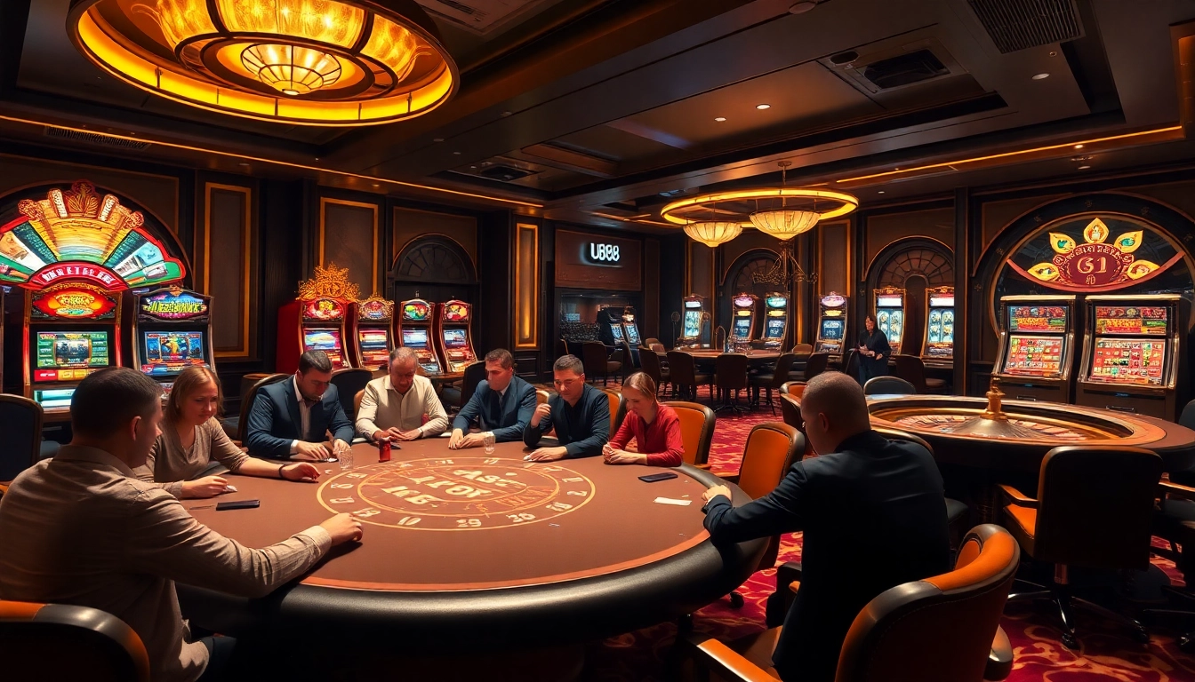 Engaging scene at Nhà cái U888 casino showcasing high-stakes poker and vibrant slot machines.