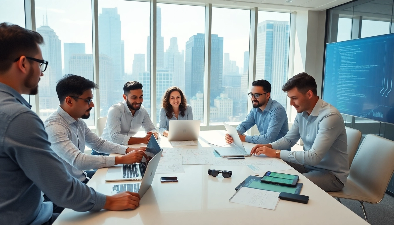 Innovative team collaborating on mobile web development NYC in a bright office
